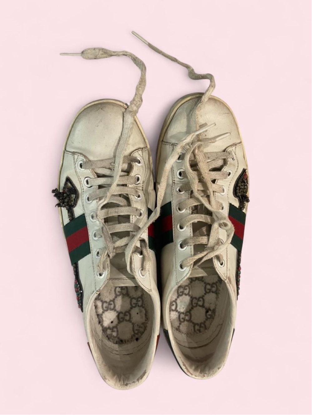 Gucci White Leather Sneakers with Green & Red Crystal Arrow Detail